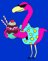 The Flamingo Bowl mascot flamingo holding an ice cream sundae.